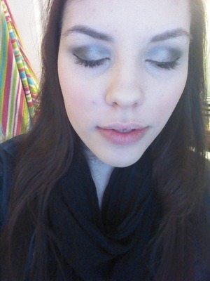 I wanted to create a look that matched my outfit, so I used greys and blues. I first applied my liquid foundation and concealer and then applied the powder foundation for a matte finish. Next, I applied the primer potion to my eye lids and then applied the blush which gave the primer potion time to settle on my eye lids. 

Now for the eyes. I first applied the shade Gunmetal from the Naked palette on my crease and then blended. Next, I applied the shade Verve from the Naked 2 pallete to my overall eyelid. In the outer corners of my eyelid, I applied Pistol which is from the Naked 2 palette as well. I then applied the shade Creep to my outer crease and blended well. To finish off my look, I took the fluffy end of the brush included in the Naked 2 palette and applied the shade Booty Call to the inner corners of my eye lids and to the brow bone. 