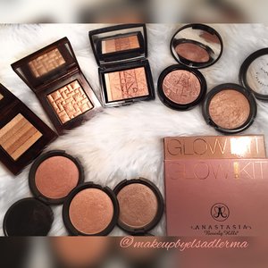Becca champagne Pop yellow peach gold tone 
Becca opal pale gold
Becca rose gold red rose tone used more as blush 
Anastasia glow kit that glow beautiful for work days 
Anastasiabeverlyhills Sundipped my go to there all beautiful and lean more for summer to me 
