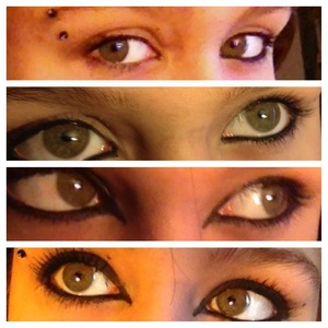 These are pretty much the stages in how I do my makeup 
(1) natural 
(2) start out with the lower line crease and apply eyeliner (sephora) 
(3) start filling in the top crease with your eyeliner. Make it as wild as you want. I put my liner going inward and outward. 
(4) eyeshadow and mascara. Then your done! 
Tip: if you have thin and small lashes like I do, don't be afraid to apply 2 types of mascara. I don't recommend more than 2 because it will clump. 
