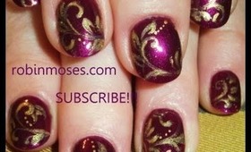 dark purple nails with gold scrolling filigree design: robin moses elegant nail art tutorial 438