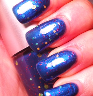 I found the Snipe and you can too! This is a deep cobalt blue polish with various orange, yellow, teal, red and pink glitters. This is beautifully opaque in 2-3 coats. 