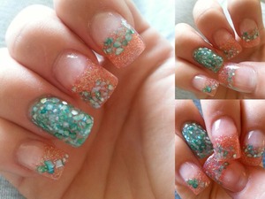 peach nails with turquoise flakes with gel polish top coat