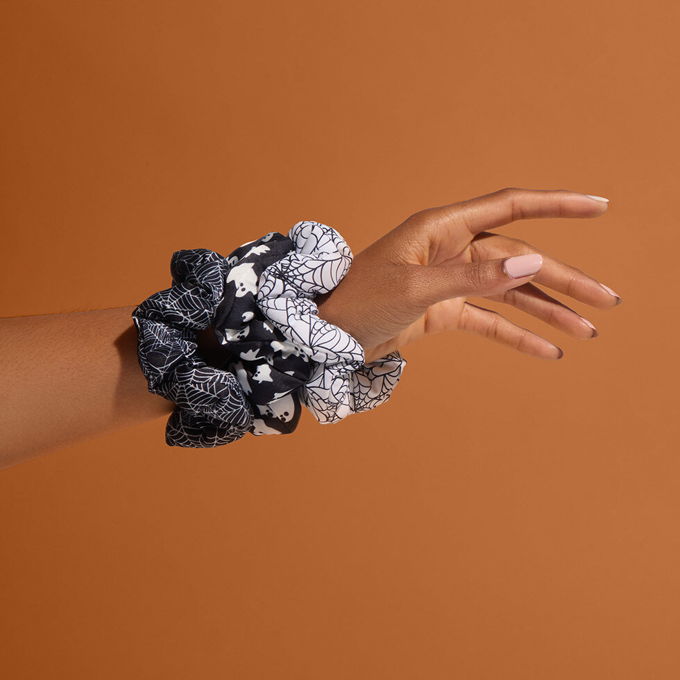 Model wearing Kitsch Spiderweb Cloud Scrunchies