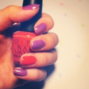 Purple nails (Iris I was Thinner -Sephora by OPI) with an accent using dark pink (Party in my Cabana -OPI) 