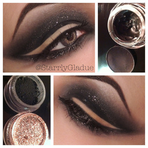 Products used in order: MAC blacktrack to outline the 'liner', carbon on the lid and under the eye, blended out with espresso & scene, Makeup Forever black pigment packed over top carbon, Toofaced glitter glue patted on the lid, Makeup Forever #11 glitter applied with a blending brush, blacktrack in the waterline, and MAC #2 lashes