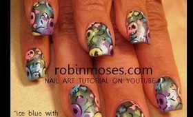 colorful retro Skulls on Ice Blue: robin moses nail art tutorial