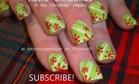 RETRO christmas red snowflakes over lime green candcanes: robin moses nail art tutorial 542