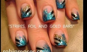 CRACKLE blue mylar foil with stripes & GOLD bars: robin moses nail art tutorial