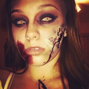 Liquid latex, fake blood. Liquid liner for stitches. Matte black & red for eyes