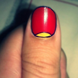 red on the entire nail, yellow half moon and purple outline