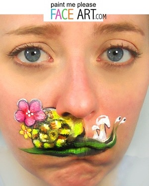 snail, lips, flowers, mushrooms, shell, paint, face, funny, lip, painting, escargot, pink, green, yellow, red, white, black