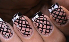 Fishnet nails tutorial -- Easy DIY striping Nail Polish Designs Video on Bow Nude Pink Long Nails