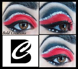 Red Eye makeup using glitter and rhinestones