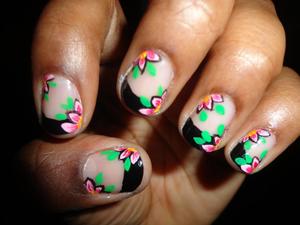 Black tip french manicre with pink flowers