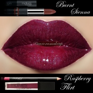 INSTAGRAM @auroramakeup

Motives for La La Mineral Lip Crayon in Raspberry 
Motives Rich Formula Lipstick in  Burnt Sienna
Motives for La La Mineral Lip Shine in Flirt 
Previous to the application I used:
First Motives 40FY Lip Treatment and then Motives Lip Lock
 
