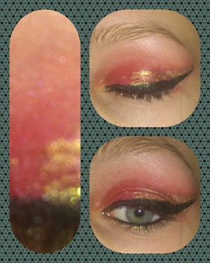 Eyemake-up with red, gold and white.