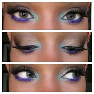 Purple liner on waterline and a shimmery green on inner tearduct