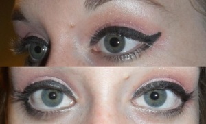shimmery peach eye shadow with winged eyeliner.