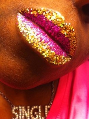 Me and some glitter having fun!!
 
Add a little LipGlass and I used brush I found @ Micheal's  to apply the Pink Glitter and then the Gold.
Don't forget to drink with a straw that night!