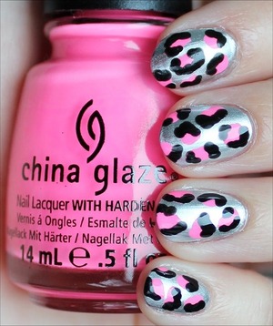 See more swatches here: http://www.swatchandlearn.com/nail-art-neon-pink-silver-black-leopard-nails/
