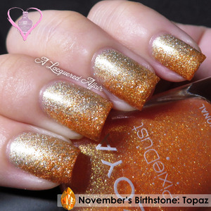 Manicure inspired by November's (my) birthstone - topaz.
Zoya Beatrix in a gradient over Estessimo TiNS 403 Rich Topaz.
More on the blog: http://www.alacqueredaffair.com/Topaz-Inspired-Manicure-32507095