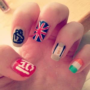 These are my favorite nail designs I ever did because its dedicated to ONE DIRECTION!! <3 
1D Logo, Zayns' tattoo, British Flag, Louis Tomlinson's suit, Irish Flag