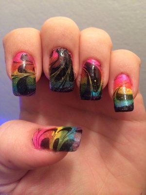 Neon rainbow glitter water marbled nails!