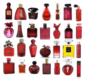 A collection of my favorite red perfume bottles. 