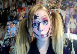 This was my costume for halloween. I was a broken Doll as you can see. I had to draw eyebrows,eyelashes,eyes,cracks,lips etc,etc. 
