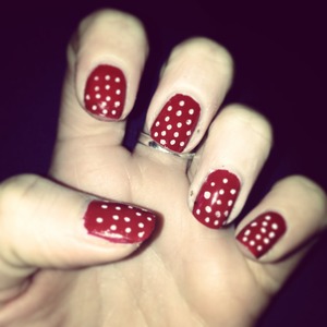 Red polish with white dots using nail art pen (and a steady hand!!!) 