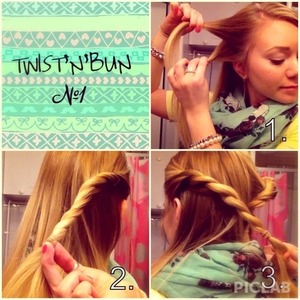I've beed asked to do a tutorial of my one twist'n'bun hairstyle, and here it is! A photo collage of 3, this being the part 1! More spesific instructions are found in the comment box. 