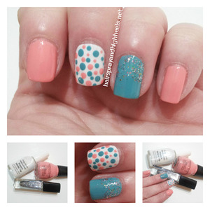 Full description and colors used on the blog http://www.hairsprayandhighheels.net/2013/03/coral-teal-polka-dot-manicure-mani.html