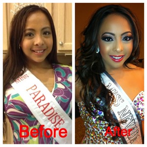 The before and after of a makeup and hair look I did on a client for a beauty pageant. 