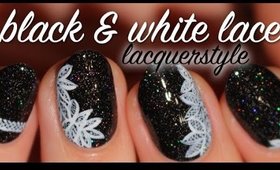 Holographic Black & White Floral Lace Nails | Lacquerstyle