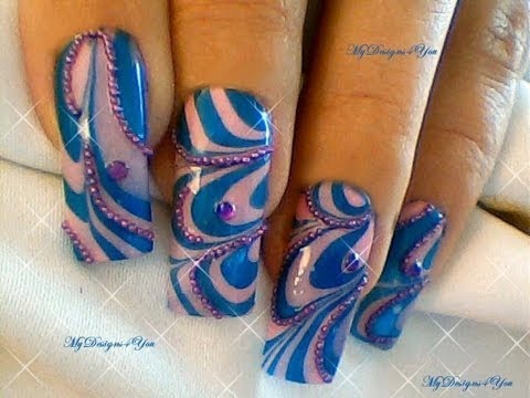 Water Marble Effect Nail Art Design Tutorial, Blue & Pink, + Tips - ♥ ...