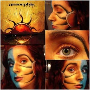 Inspired by the album artwork of Finnish melodeath band Amorphis, I decided to create two faces dedicated to Eclipse and Of Magic & Mayhem!  This one is Eclipse. 

***Sadly, I can't quite recall the mixture of products I used for this aside from the Coastal Scents 252 palette and some no-name moisturizer to keep my skin tacky for the eyeshadow (YES, that is eyeshadow all over my poor face! Lol)***