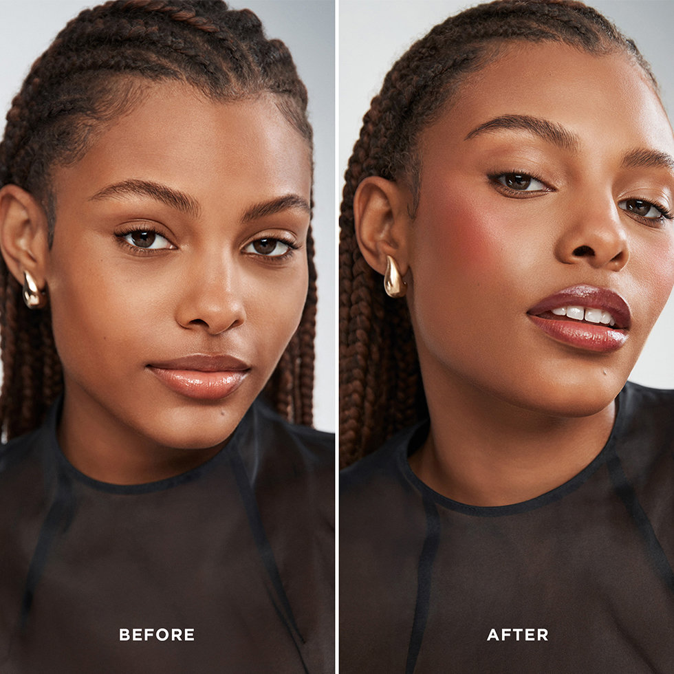 Hourglass model before and after wearing the Ambient Lighting Edit Unlocked Lotus Flower palette