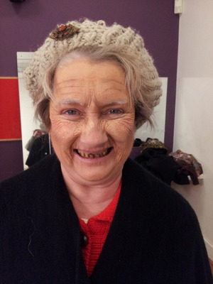 A young fifty something with the best skin ever is transformed into a wrinkly auld granny for "The Cripple of Inishmann" by Martin McDonagh.