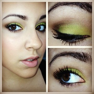 Neon isn't just for the avant-garde...you can rock this look anytime.This is a wearable look using a vivid yellow-greeen on the lid, smoked out with a deep, warm brown. Although there are no rules with makeup, I like go  pretty minimal with the rest of my makeup when sporting a bright eye. Thus, I finished up the look with a light dusting of bronzer, a nude pink cheek, and a swipe of beigey gloss.