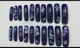 GNbL- Plum Nails With Glitter and Acrylic Flowers