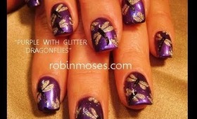 purple with 3d glitter dragonflies: robin moses  nail art tutorial