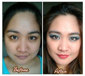 Tried this beautiful blue eyeshadow with red lipstick. :)