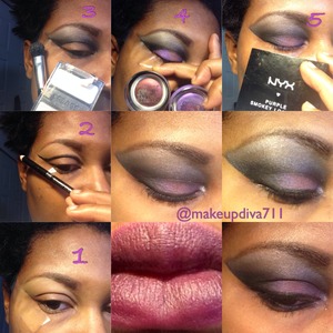 My #firstinstagramtutorial  1. Apply eye primer (urban decay primer potion) and tape  2. Cut crease with a black eyeliner pencil (e.l.f. Shimmer eyeliner pencil)  3. Blend out crease using a sparkly black eyeshadow and lightly apply silver eyeshadow to brow bone blending well (MAC Black Tied and Wet N Wild eyeshadows)  4. Apply Maybelline ColorTattoos as bases to lid (pomegranate punk and painted purple)  5. Apply matching colors (purples and blacks) to lid (NYXPURPLESMOKEYEYEPALETTE )  #nyxcosmetics #purplesmokeyeye #maccosmetics #cyber #fashionboost #lipstick #lipliner #eyes #lips #smokeyeye #dramatic #mtomakeup #mgamakeup #mgaoctober #eyeshadow #octoberphotochallenge #beatface #day7 #maybelline 
