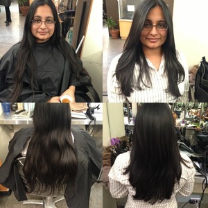Cut 4 inches and put in some long layers to open up the face 