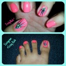 Nails - Bright Pink Nails with Feathery Design. Matching Toe Nails.