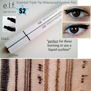 $2.00 each, available in two shades, black and coffee. The eyeliner has a three prong tip and waterproof formula. It is designed to be a multi-use product. You can create ultra thin lines to retro thick wings. Tightline your lash line with a thin line or dot along your lash line to give the illusion of fuller lashes at the base. READ MORE: http://www.beautybykrystal.com/2013/04/elf-essential-triple-tip-waterproof.html
