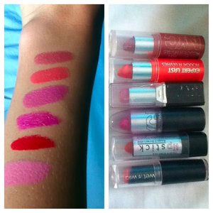 These are 6 great color and looking lipsticks under $3. Another product that I couldn't find was the EXPERT LAST NYC lipstick. 
Shades- in order of photo
418 sugar plum
445 coralista
417 flirty
316 blossom 
BLC12 Cherry red
901B think pink