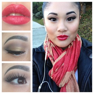 Red lips; black, gold and brown eyeshadow. Something a little eye catching while you step out for the night. 