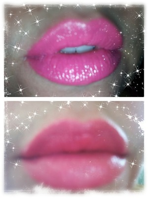 this is a comparative of how the maybelline color sensational vivids looks like. the shade is shocking coral. the top photo was taken with flash on. the bottom photo was taken without flash. sorry that it looks kinda blurry. what do you think???