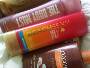 Body mist from Victoria secret, Shimmer lotion ,and coconut butter lotion .